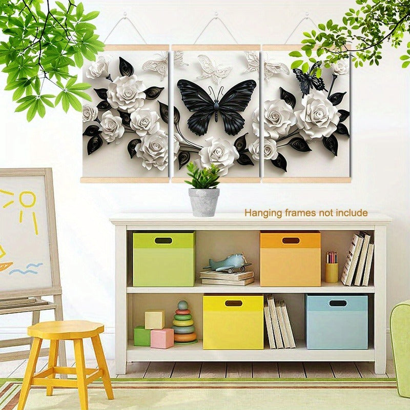 3Pc Set Of Framed Wall Art Canvas Prints Black Butterfly And White Roses