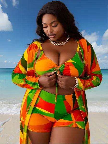 3Pc Multi-Color Patchwork Printed V-Neck Swimsuit