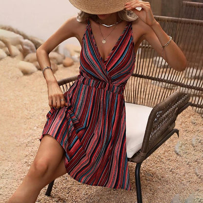 Women's V-Neck Sleeveless Spaghetti Strap Striped Dress