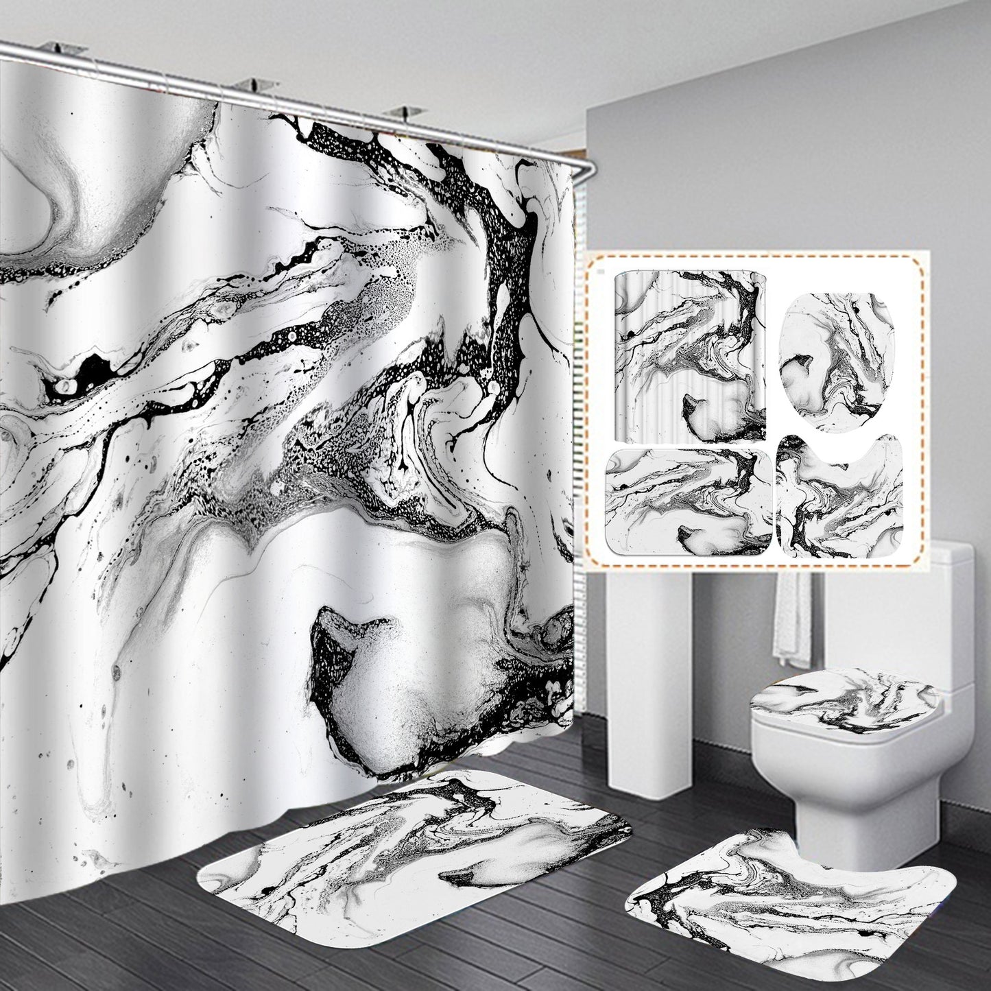 Black & White Marble Digital Printing Polyester Bathroom Shower Curtain