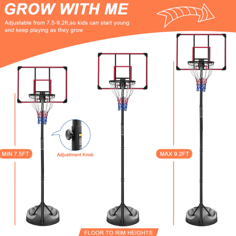 Portable Basketball Hoop Stand with Adjustable Height 7.5ft - 9.2ft $ 32-Inch Backboard