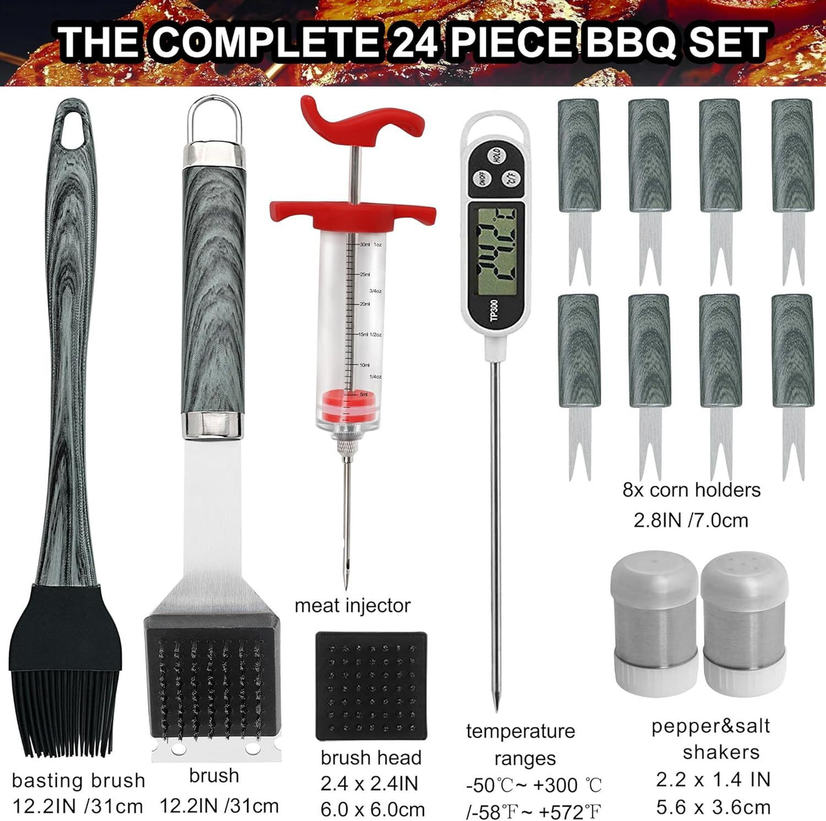 24PCS BBQ Grill Tools Set With Meat Thermometer And Injector