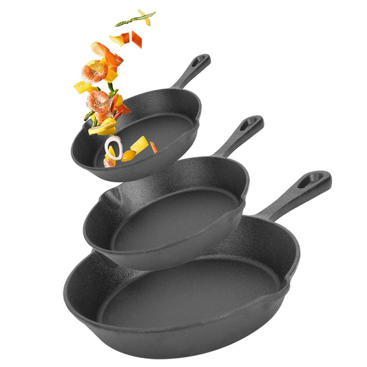 3-Piece Pre-Seasoned Cast Iron Skillet Set – 6", 8" & 10" Non-Stick Frying Pans, Black