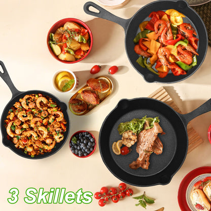 3-Piece Pre-Seasoned Cast Iron Skillet Set – 6", 8" & 10" Non-Stick Frying Pans, Black