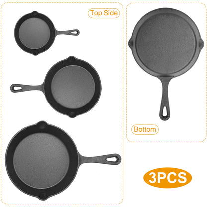 3-Piece Pre-Seasoned Cast Iron Skillet Set – 6", 8" & 10" Non-Stick Frying Pans, Black