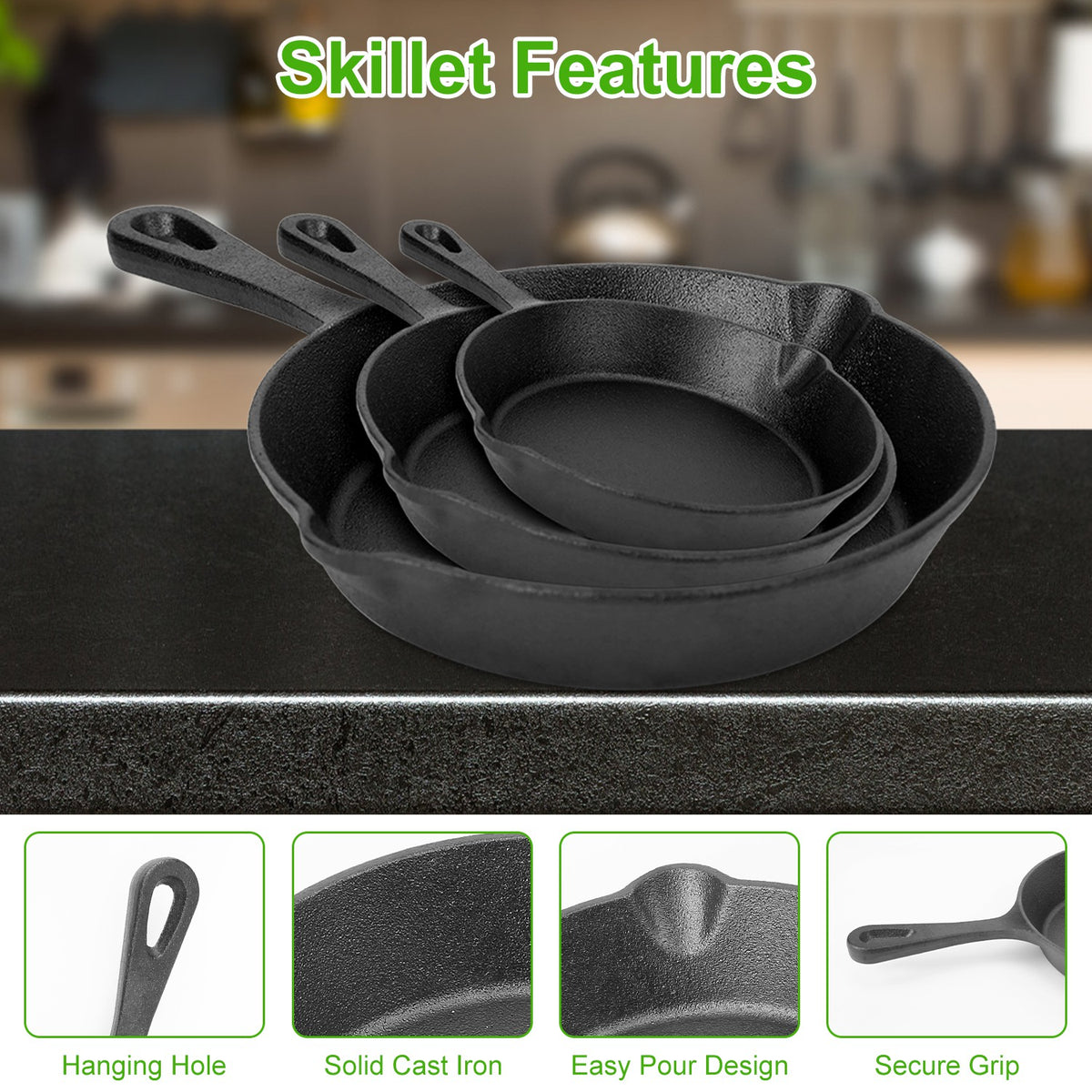3-Piece Pre-Seasoned Cast Iron Skillet Set – 6", 8" & 10" Non-Stick Frying Pans, Black