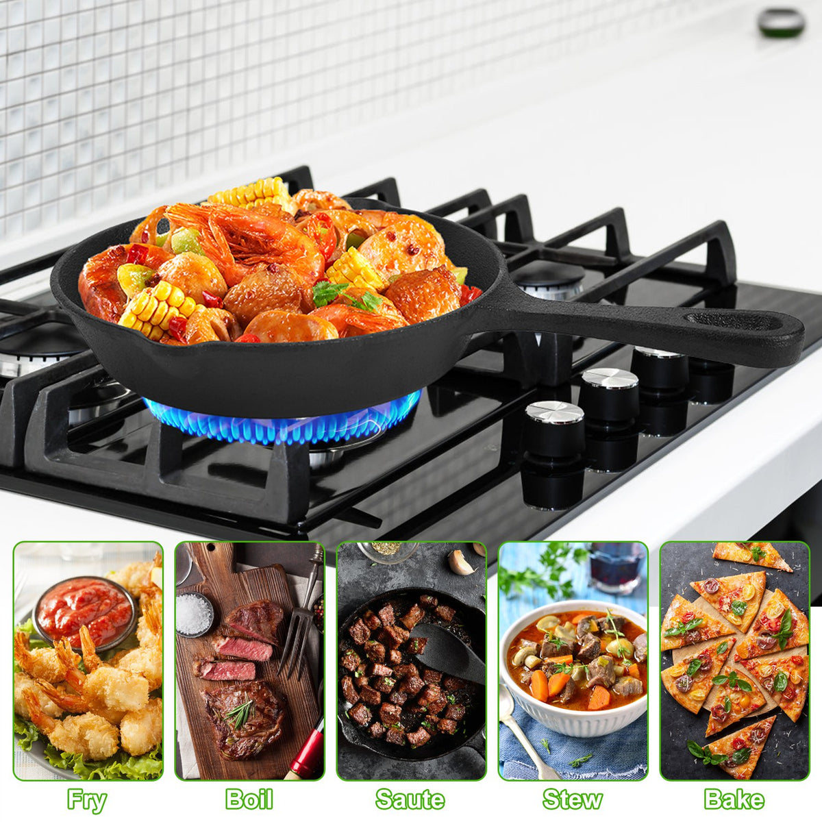 3-Piece Pre-Seasoned Cast Iron Skillet Set – 6", 8" & 10" Non-Stick Frying Pans, Black