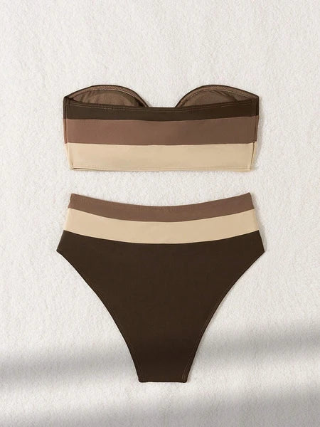 Women's 2Pc Coffee Strapless Bikini Swimsuit