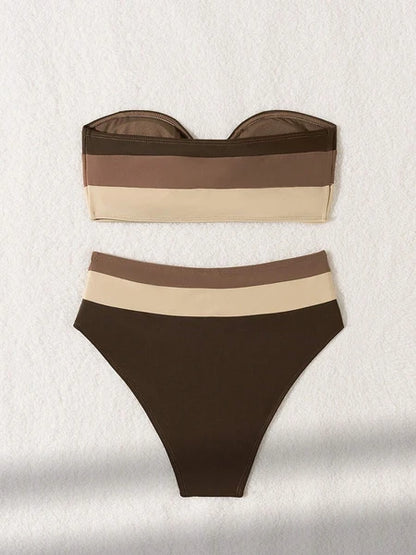 Women's 2Pc Coffee Strapless Bikini Swimsuit