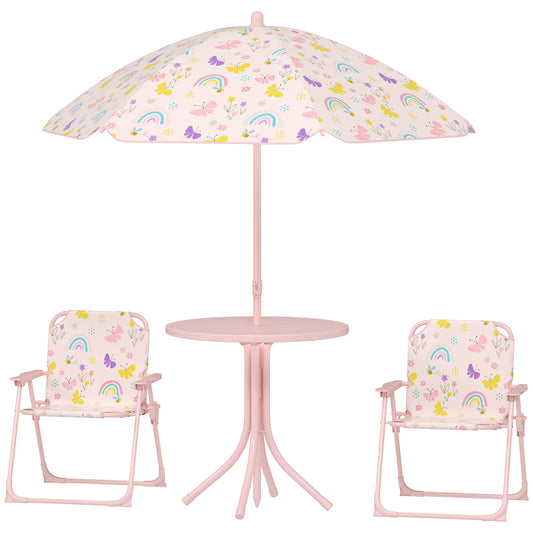 Kids Outdoor Activity Table With Foldable Chairs &  Removable Umbrella Pink