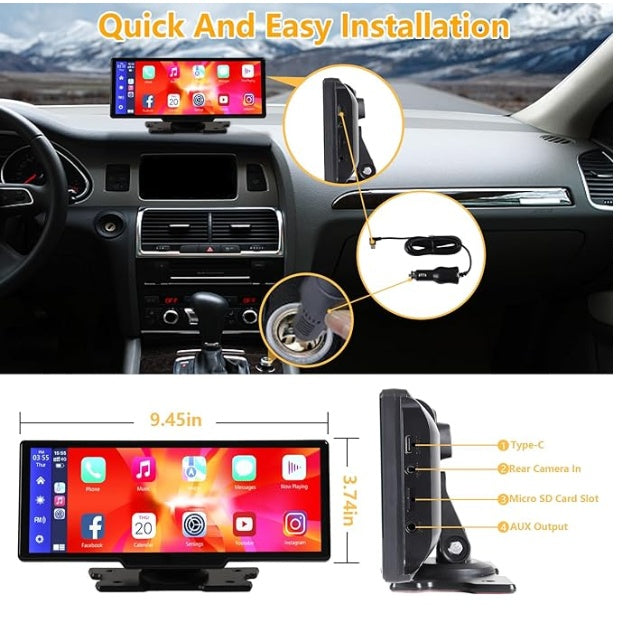 Portable Wireless Carplay With 2.5K Camera, 1080P Back Cam 9.3inches Ultra HD Android