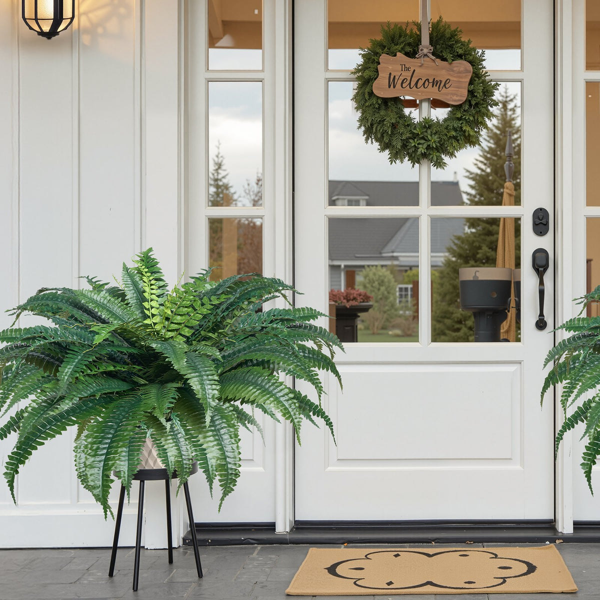 2 Pcs Artificial Boston Ferns Plastic Fern 50 Branches Indoor Outdoor Decor