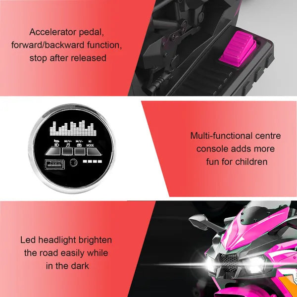 Kids Motorcycle For 3-6 Years 12V Electric Ride On With Light Wheel & Bluetooth