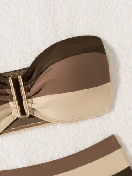 Women's 2Pc Coffee Strapless Bikini Swimsuit