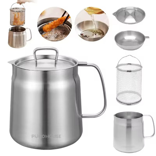 Stainless Steel Oil Filter Pot with Mesh Filter – 2L, Heat-Resistant & Rust-Proof, Silver