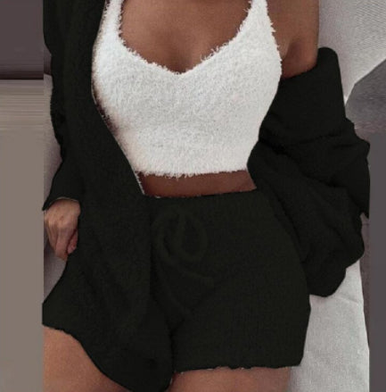 3pcs Womens Long Sleeve Crop Tank Top And Drawstring Shorts Pajama Set