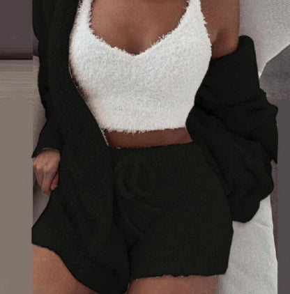 3pcs Womens Long Sleeve Crop Tank Top And Drawstring Shorts Pajama Set