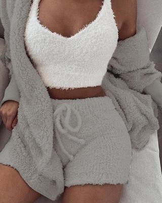 3pcs Womens Long Sleeve Crop Tank Top And Drawstring Shorts Pajama Set