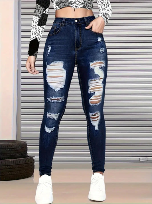 Women's High Waisted Ripped Tight Fitting Jeans