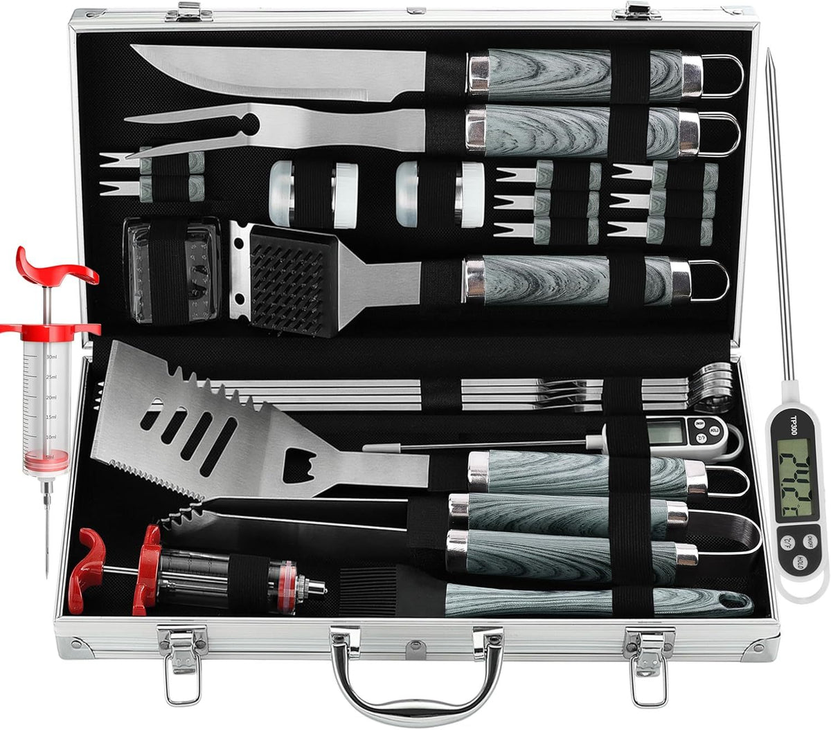 24PCS BBQ Grill Tools Set With Meat Thermometer And Injector