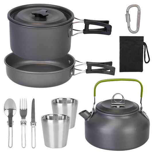 12-Piece Camping Cookware Set – Aluminum Pot, Frying Pan, Kettle & Utensils for 2–3 People