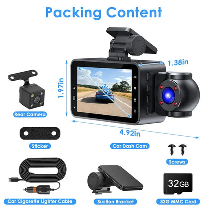 3-Channel Car Dash Cam with 32GB Card – 1080P Front, Night Vision, WiFi & Parking Monitor