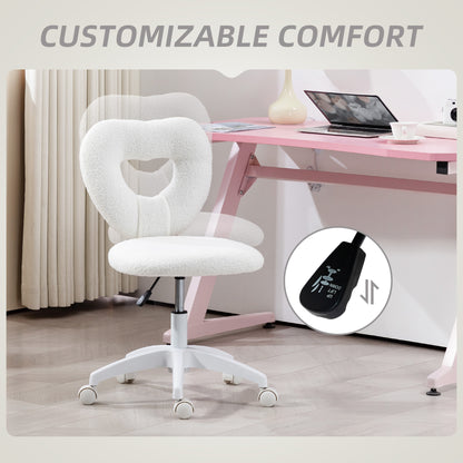 Heart-Shaped Desk Chair with Teddy Fleece – Adjustable Height Swivel Vanity Chair, White