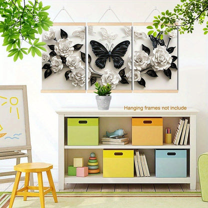 3Pc Set Of Framed Wall Art Canvas Prints Black Butterfly And White Roses