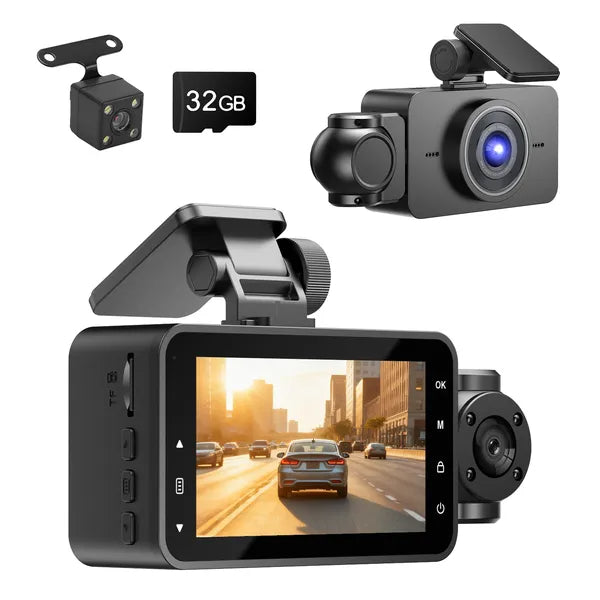 3-Channel Car Dash Cam with 32GB Card – 1080P Front, Night Vision, WiFi & Parking Monitor