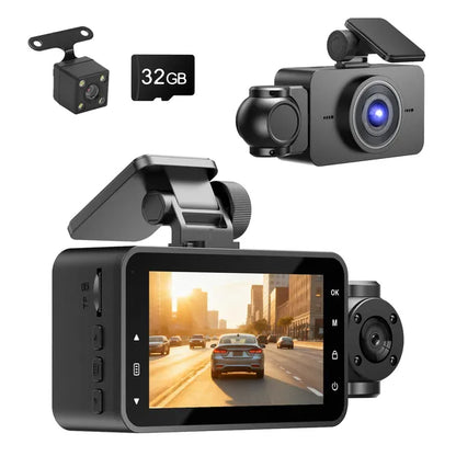3-Channel Car Dash Cam with 32GB Card – 1080P Front, Night Vision, WiFi & Parking Monitor