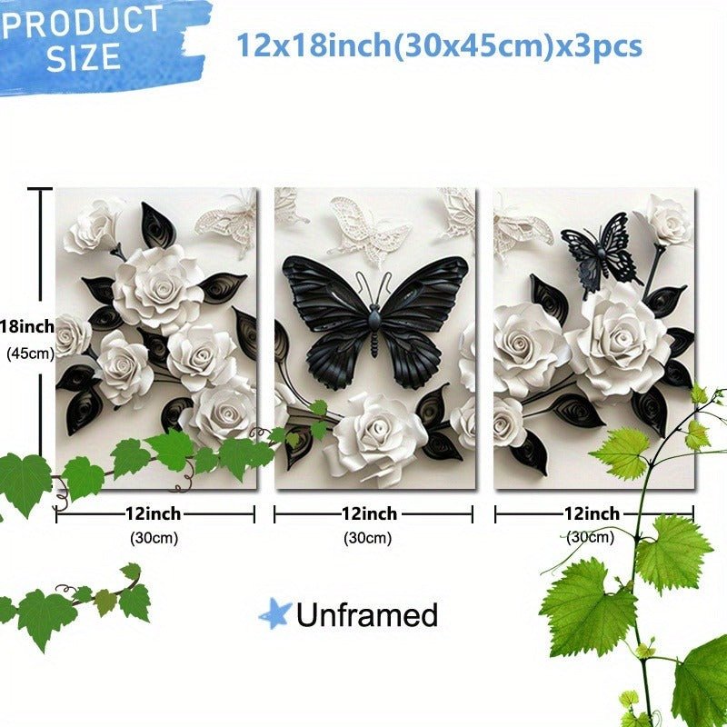 3Pc Set Of Framed Wall Art Canvas Prints Black Butterfly And White Roses
