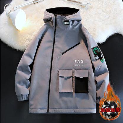 Men's Pilot Hooded Zipper Jacket Loose Pullover Front Pocket Velvet Coat