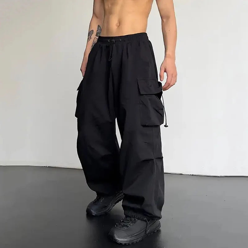 Men's Casual Cargo Pants Drawstring Trendy Loose Versatile Straight Wide-Leg