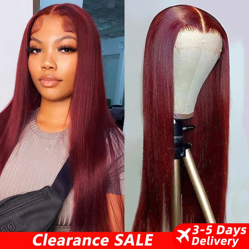 9J Burgundy Red, Human Hair, 13x6 HD Lace Front, Pre-Plucked, and Straight Wig