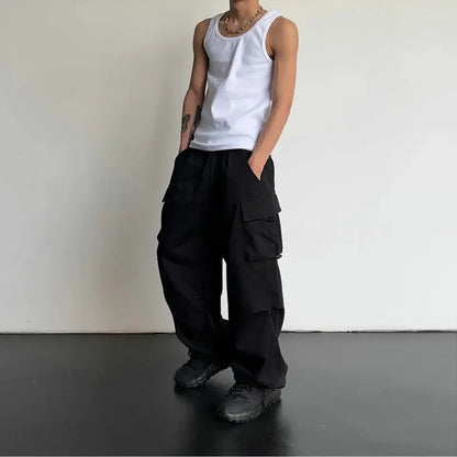 Men's Casual Cargo Pants Drawstring Trendy Loose Versatile Straight Wide-Leg
