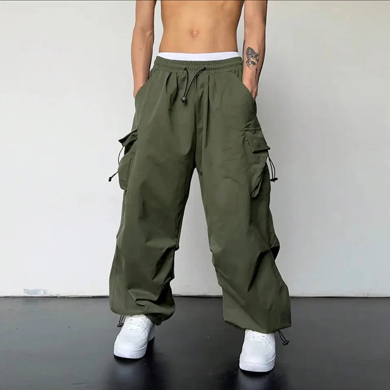 Men's Casual Cargo Pants Drawstring Trendy Loose Versatile Straight Wide-Leg
