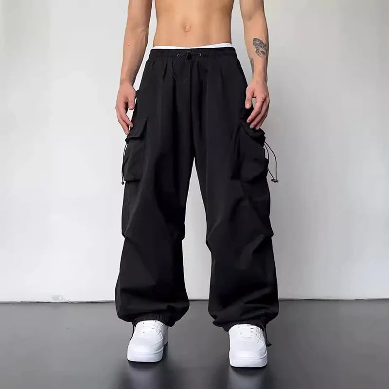 Men's Casual Cargo Pants Drawstring Trendy Loose Versatile Straight Wide-Leg