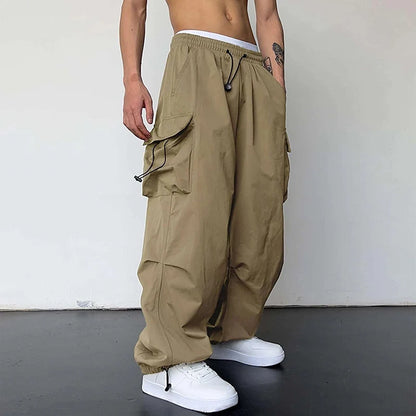 Men's Casual Cargo Pants Drawstring Trendy Loose Versatile Straight Wide-Leg
