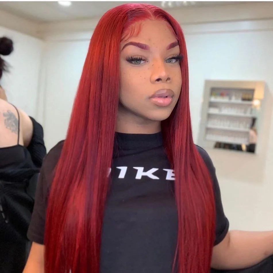 9J Burgundy Red, Human Hair, 13x6 HD Lace Front, Pre-Plucked, and Straight Wig
