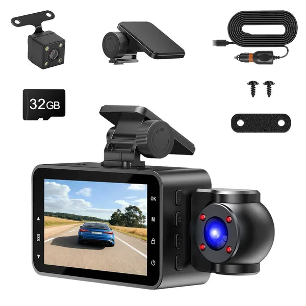 3-Channel Car Dash Cam with 32GB Card – 1080P Front, Night Vision, WiFi & Parking Monitor