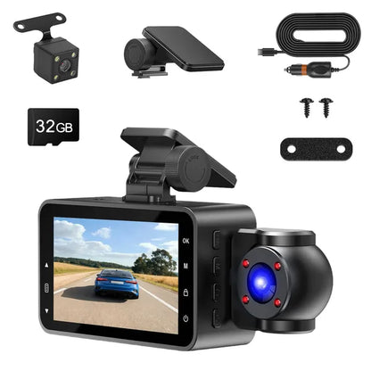 3-Channel Car Dash Cam with 32GB Card – 1080P Front, Night Vision, WiFi & Parking Monitor