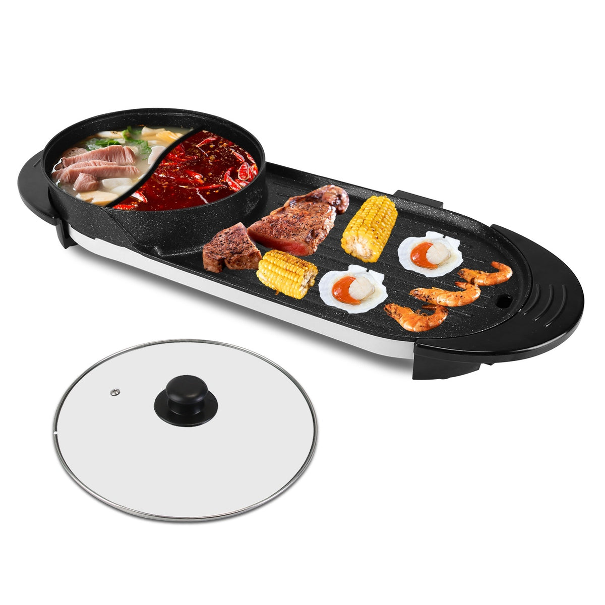 2200W  2 In 1 Electric Hot Pot With BBQ Grill Cooker Smokeless Non-Stick