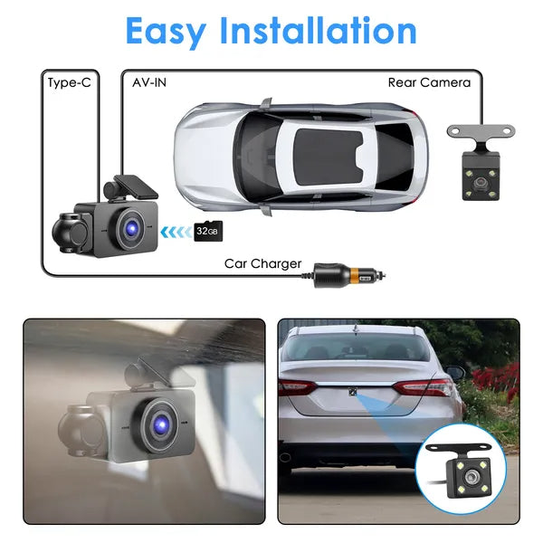 3-Channel Car Dash Cam with 32GB Card – 1080P Front, Night Vision, WiFi & Parking Monitor