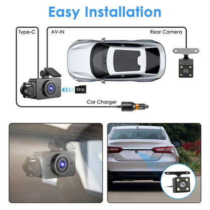 3-Channel Car Dash Cam with 32GB Card – 1080P Front, Night Vision, WiFi & Parking Monitor