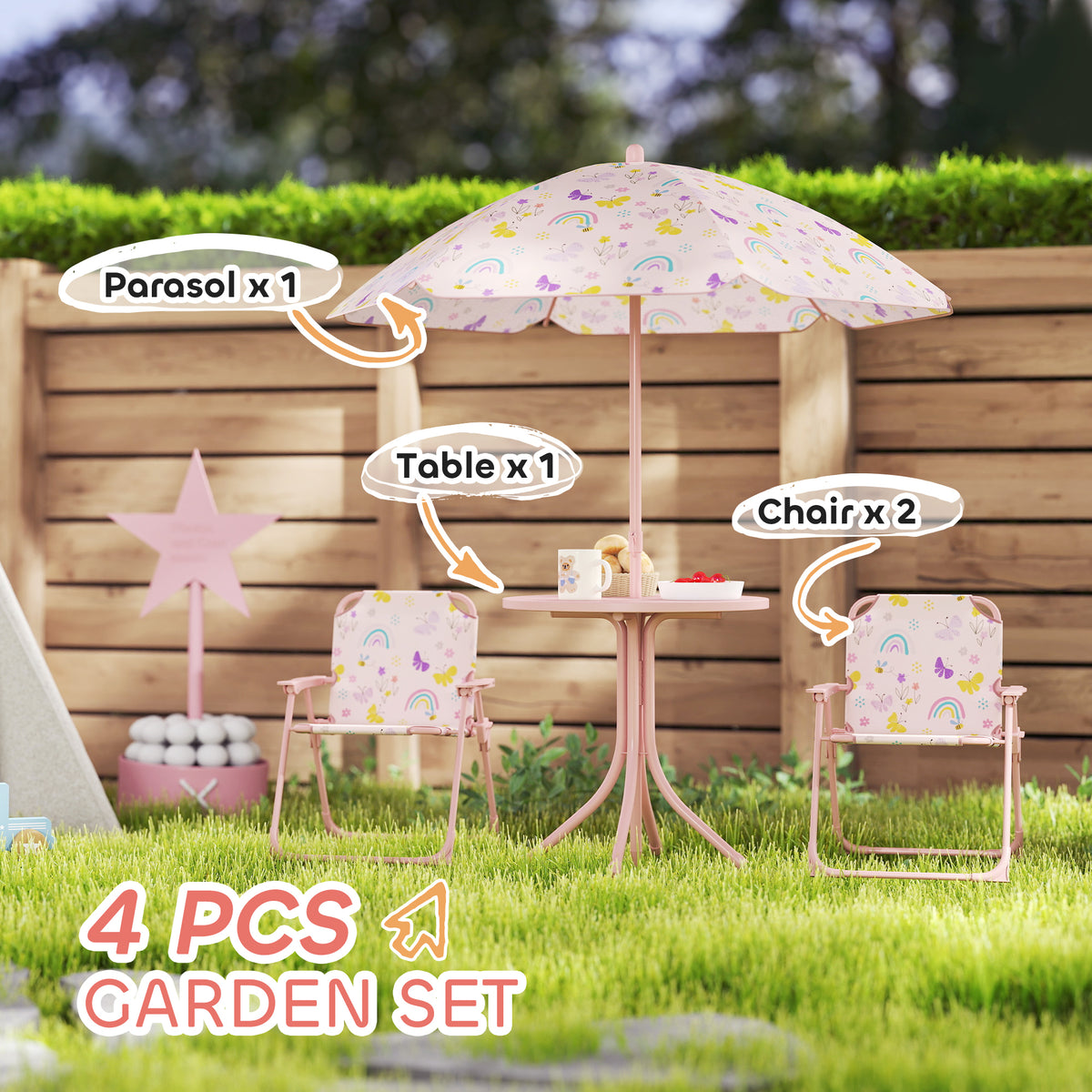 Kids Outdoor Activity Table With Foldable Chairs &  Removable Umbrella Pink