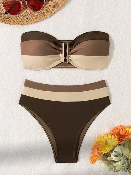 Women's 2Pc Coffee Strapless Bikini Swimsuit