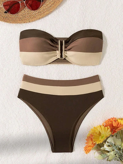 Women's 2Pc Coffee Strapless Bikini Swimsuit