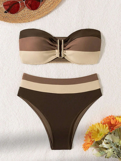 Women's 2Pc Coffee Strapless Bikini Swimsuit