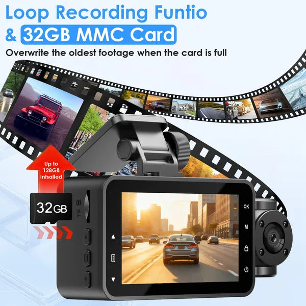 3-Channel Car Dash Cam with 32GB Card – 1080P Front, Night Vision, WiFi & Parking Monitor