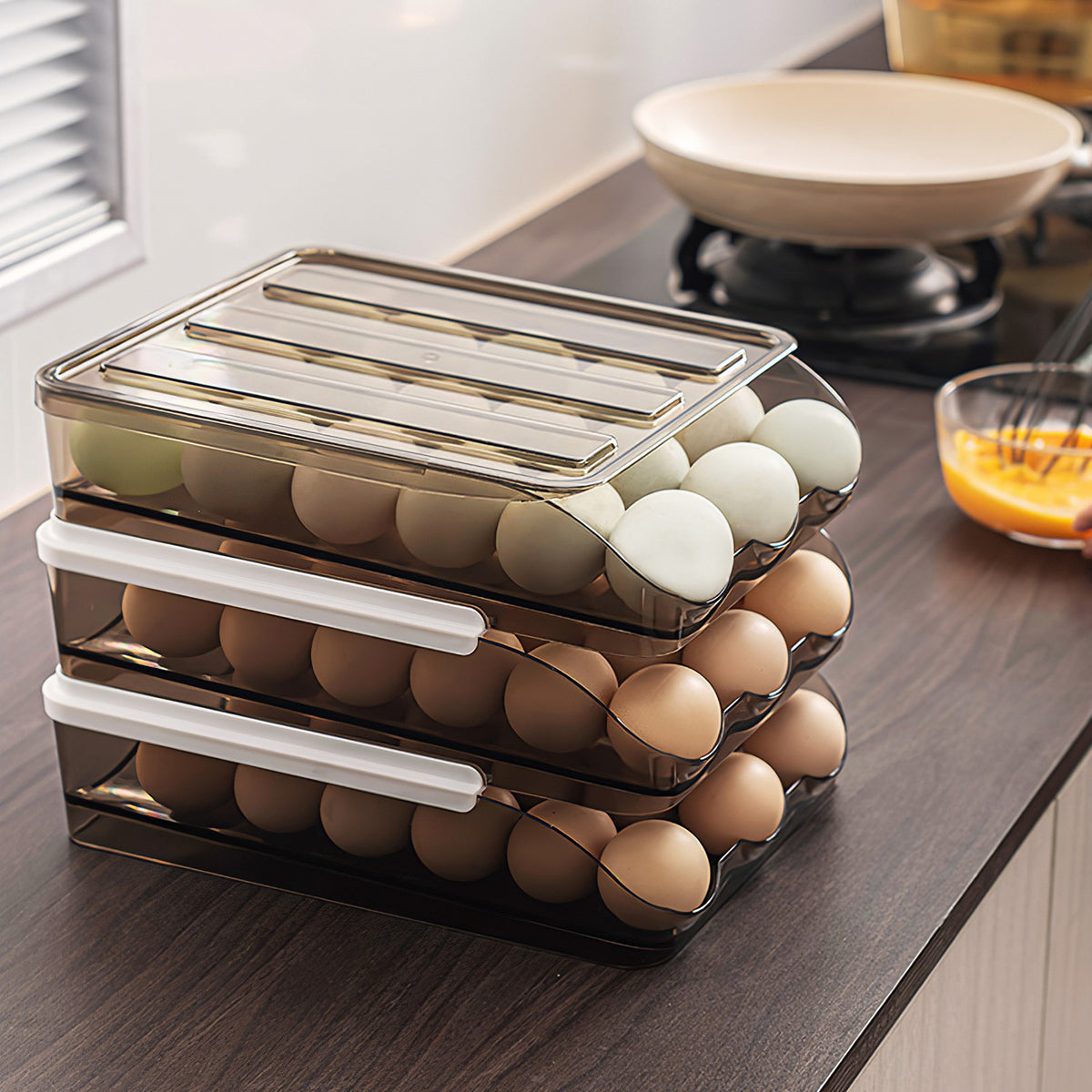 Auto-Rolling Egg Organizer Tray – Double-Layer 36-Egg Refrigerator Storage Box